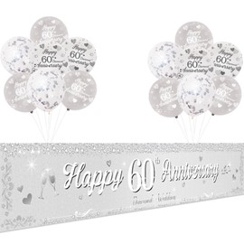 Jollyboom 60th Wedding Anniversary Decorations Banner, Happy 60th Anniversary Courtyard Banner Silver White for Men Women 60th Diamond Wedding Anniversary Cheers to 60th Years Courtyard Garden Yard