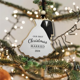 First Christmas Married Ornament 2024 Wedding Gifts for Couple, Mr and Mrs Gifts, Wedding Shower Gifts, Wedding Ornament, 2-Layer Wood Ornament. (First Christmas Married_01)