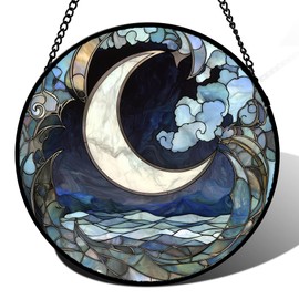 JOSUMALY Stained Glass Window Hanging - Abstract Sea of ​​Clouds Moon Sun Catcher for Door Terrace Garden Home Decor, Gray Blue Suncatcher Birthday Gifts for Lovers Women Men Dad Mom Nana 7.8 in