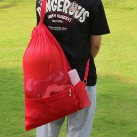 NATURAL STYLE Large Mesh Swim Beach Bag, Mesh Drawstring Gym Bag for Athletic Gym Sports Gear Workout Storge Beach Swiming (Red)