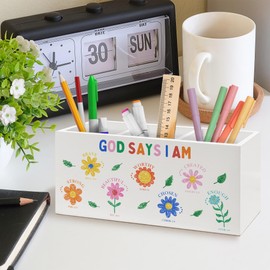 DUXMNAMG Christian Bible Verse Floral Pen Holder, Inspirational Office Pen Pencil Holder Organizer for Desk Accessories, God Says I Am Wooden Box Desk Decor for Girl Nursery Room Desk Decorations