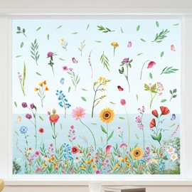 WALPLUS Flower Window Stickers for Glass Double Sided Spring Window Stickers Reusable Summer Window Stickers Watercolour Wildflower Meadow Window Decals for Glass 86 PCS