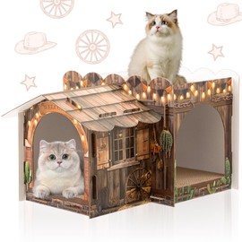 Lineshading Multi Level Cardboard Cat House with 3 Scratchers Large Sturdy Western Cat Villa 17"x12"x10" Cute Pet Condo Beds Toys Hideout for Bunny Small Animals Birthday Western Themed Party