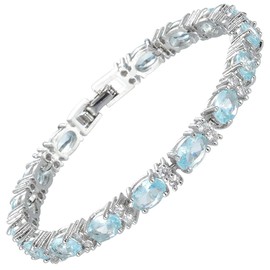 RIZILIA Eternity Tennis Bracelet for Women - 7" Oval Cut Simulated Aquamarine & Cubic Zirconia, 18K White Gold Plated, Elegant Everyday Jewelry, Secure Fold Over Clasp, Gift Ready with Pouch