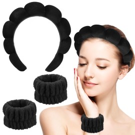 Sibba 3Pcs Sponge Spa Headband for Women, Soft Makeup Headband and Wrist Washband Set Skincare Headbands, Terry Cloth Bubble Hairband for Face Washing, Makeup Removal, Spa, Yoga, Sports, Shower(Black)