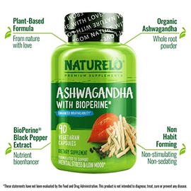 NATURELO NATURELO Ashwagandha Organic Root Powder - Natural Herbs Supplement for Fatigue, Stress Relief, Mood Enhancer - with Black Pepper Extract - 90 Vegan Capsules