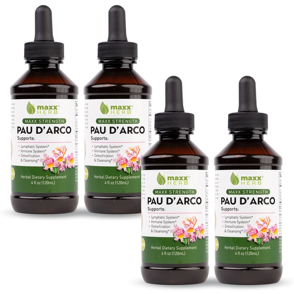 Maxx Herb PAU D'Arco Tincture - Max Strength PAU Darco Extract for Immune Support, Taheebo Tea Inner Bark Absorbs Better Than PAU Darco Capsules – 4 Bottles, 4 Oz Each (240 Servings)