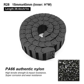 LMioEtool R28 15mm x 40mm(Inner H x Inner W) Black Plastic Cable Wire Carrier Drag Chain 1M Length for CNC, with End Connectors - Bridge Type (Non-openable)