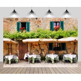 CHNYWORK 8ftx6ft Italy Retro Street Backdrop Vintage Coffee Shop Italian Tuscany Stone Cafe Table Chairs Spring Scenery Background Europe Italy Travel Party Decor Photo Studio Props Wallpaper