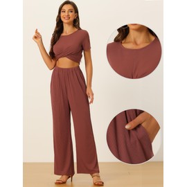 Allegra K 2 Piece Pant Set for Women's Casual Shrot Sleeve Front Twist Cropped Top Wide Leg Pants Lounge Summer Outfits Large Brick Red