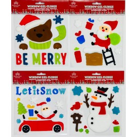 Christmas Gel Cling Stickers for Windows and Mirrors - 4 Sheets of Winter Designs: Santa, Reindeer, Elf, Snowman and More!