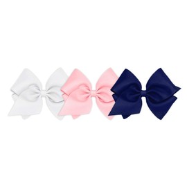Wee Ones Girls' Mini King Bow 3 pc Set Solid Grosgrain Variety Pack on a WeeStay Clip - White, Light Pink, and Light Navy