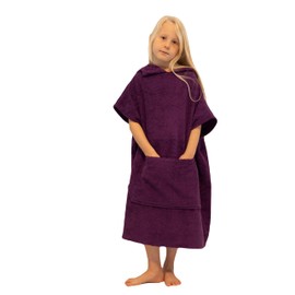 Allen & Mate Kids Swim Changing Robe - Quick Dry 100% Terry Cotton Beach Poncho Towel with Hood & Pocket for Boys & Girls (10-13 Years, Purple)