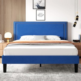VECELO Queen Size Bed Frame with Adjustable Upholstered Headboard, Wooden Slats Platform, Noise-Free Design, No Box Spring Needed, Easy Assembly