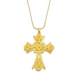 ETH-JE-G Ethiopian Cross Jewelry for Women, Ethiopian Traditional Jewelry Large Cross Ethiopian Cross Pendant Necklaces Womens Gold Color Eritrean African Ethnic Wedding Jewelry (17.7 Inches /45 cm)