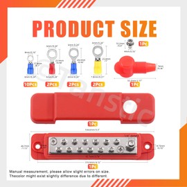 Tanstic 12 Terminal Power Distribution Block with Ring Terminals, 12 Terminals Bus Bar 1/4 Inch Stud, 12 x M4 (#8) Terminal Screws, Red