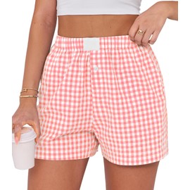 Lziizl Womens Boxer Shorts Cotton Summer Casual Pajama Y2K Sleep Gingham Plaid Shorts Bottom with Pockets Pink