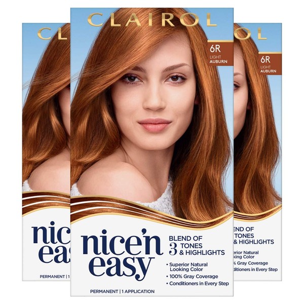 Clairol Nice'n Easy Permanent Hair Dye, 6R Light Auburn Hair Color, 3 Count