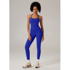 RXRXCOCO Cross Back Workout Sets for Women 2 Piece Padded Tank Tops Hidden Scrunch Leggings Gym Outfits with Pockets Blue Large