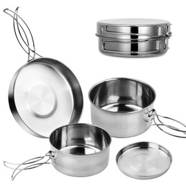 Dokeno 4-Piece Camping Crockery Set, Camping Cookware Set, Stainless Steel Outdoor Cookware, Foldable Camping Tableware Pot Plate, Camping Pot for Camping, Outdoor, Cooking, Hiking, Travel for 1-2