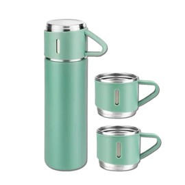 Green Vacuum Flask Set - Insulated Water Bottle w/ 3 Cups Gift Set - Thermos Water Bottle for Hot and Cold Drinks - Reusable Stainless Steel Water Bottles for Indoor and Outdoor Activities (17 Fl Oz)