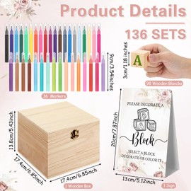 Marsui 136 Pcs Baby Shower Blocks to Decorate Game Kit Includes 98 Wooden Blocks, 36 Markers, 1 Game Sign, 1 Storage Box for Baby Shower Gender Reveal Activity Party Decorations(Floral)