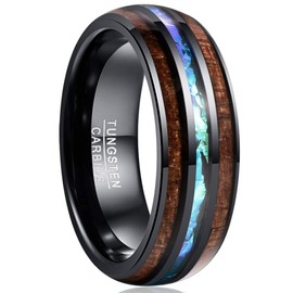 VAKKI Black Tungsten Carbide Ring for Men, Women Created-Opal and Hawaiian Koa Wood Inlay Wedding Anniversary Band Size Z