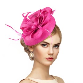 Zinniday Hot Pink Kentucky Derby Hat - 2025 Elegant Tea Party Fascinators 1920s 50s Victoria Hats with Hair Clip Feather for Women Lady Girls Cocktail Ball Cosplay Party Costume Headwear