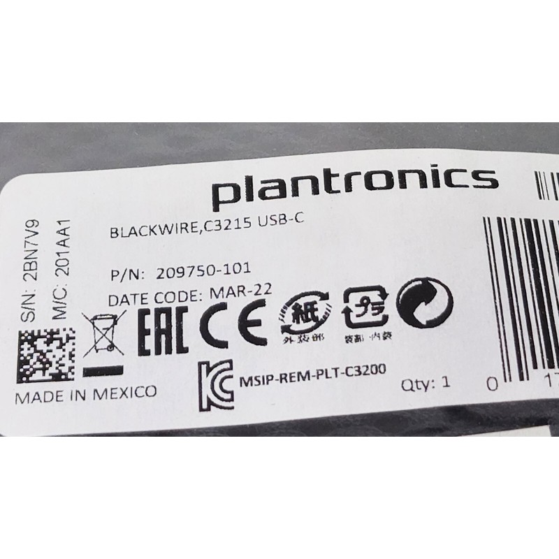 Plantronics Corded PC Headset (209750-101) w/ Case - USB-C, Black,
