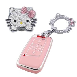 Pangpai Pink Car Accessories 3 Pcs for VW Volkswagen Tiguan Atlas Jetta Passat Golf Alltrack Key Fob Cover with Bling Keychain Cute Push to Start Button Cover