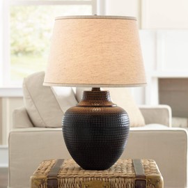 Barnes and Ivy Brighton Rustic Farmhouse Table Lamp 27 1/4" Tall with USB Dimmer Bronze Hammered Pot Beige Fabric Drum Shade for Bedroom Living Room House Home Bedside Nightstand Office Family
