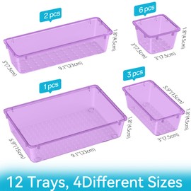 ElegantArray 12-Piece Drawer Organizer Set, 4 Sizes Versatile Plastic Vanity Organizer for Makeup, Stationery, Gadgets, in Kitchen, Bathroom, Office, and Bedroom, Purple