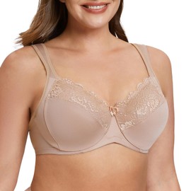 MELENECA Women's Full Coverage Underwire Bra Minimizer Plus Size Lace Comfortable Cushion Strap Beige 42C