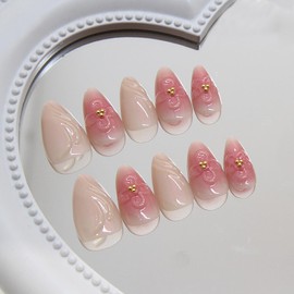 Flower Press on Nails Long Almond Fake Nail Nude Cute Acrylic Stick on Nails Summer Spring Nail Art Designs Wearable Nails Peach Blossom False Nails French Tip Nails for Women DIY Decoration