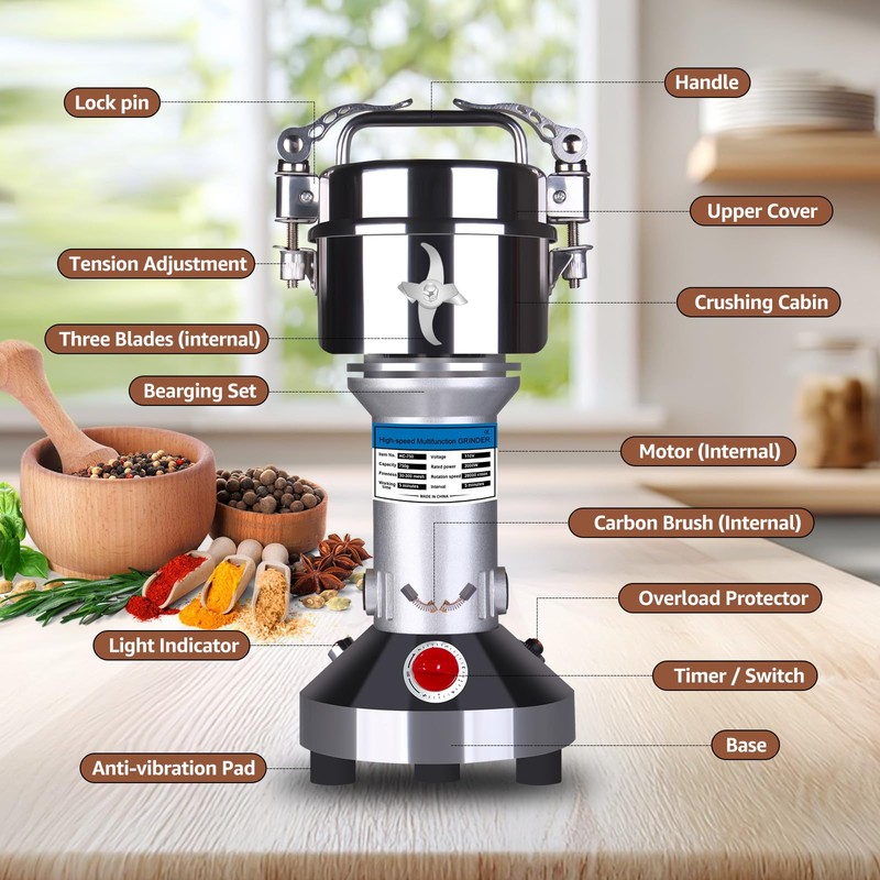 750g Electric Grain Mill Grinder, Stainless Steel High Speed Dry