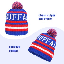 Buffalo Hat City Football Knit Hat Classic Cuff Winter Beanie Hat with Pom Toque Skull Cap Blue Red