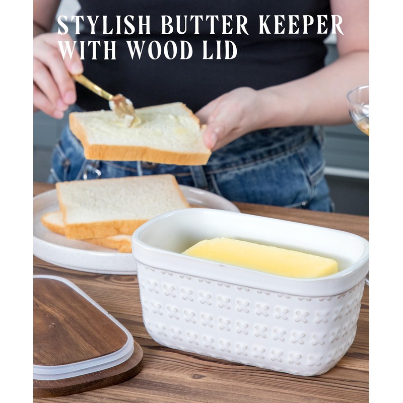 Nucookery Ceramic Butter Dish, Embossed Butter Keeper with Wood Lid