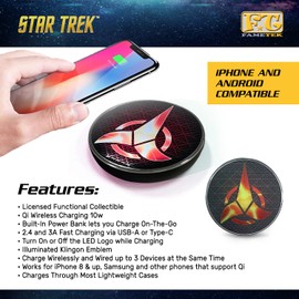 Star Trek Wireless Charger with Built-in Backup Battery Pack for Wired and Wireless Charging. Portable Wireless Phone Charger with Klingon Emblem Illuminated Logo. StarTrek Gifts, Collectibles