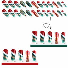 Christmas Press on Nails Red Gold Green Fake Nails Long False Nails Square Coffin Nails with Glitter Stripes Holly Rhinestones Designs Thanksgiving Xmas Tree Full Cover Stick on Nails for Women Girls