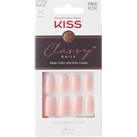 KISS Classy French Nail Manicure Kit with Gel Finish, Medium, Coffin Shaped, Includes Pink Nail Glue (Net Wt. 2 g / 0.07oz.), Mini Nail File, Manicure Stick, and 28 Fake Nails, 'Cozy Meets Cute', 28 Count