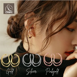 Cruyff Ear Cuffs, Ear Cuffs, Earrings, Large, Hypoallergenic, Double Line, Left and Right Set, Gold/Silver/Pink Gold, Metal, No Gemstone