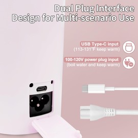 Travel Kettle Portable Electric Kettle with Plug-in Boiling & Keeps Warm via USB, Portable Water Boiler with 4 Temperature Settings, 304 Stainless Steel with Auto Shut-off 16oz(Pink)