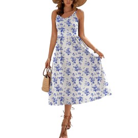 Zeagoo Sundress for Women Sleeveless Slip Floral Dress V Neck Line High Waist Summer Beach Travel Vacation Dress with Pockets