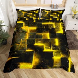 Yellow Black Bed Set 3D Glowing Buffalo Duvet Cover Single Size Modern Abstract Art Single Bedding Sets Geometric Plaid Comforter Cover, Gradient Futuristic Cubes Bed Set (Black Reversible)