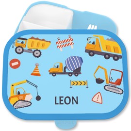 Children's Campus Lunch Box for Mepal - Lunch Box Excavator with Name Lunch Box Construction Site Lunch Box Construction Vehicles I Dump Truck I Concrete Mixer - 750 ml - Blue - Gifts Nursery