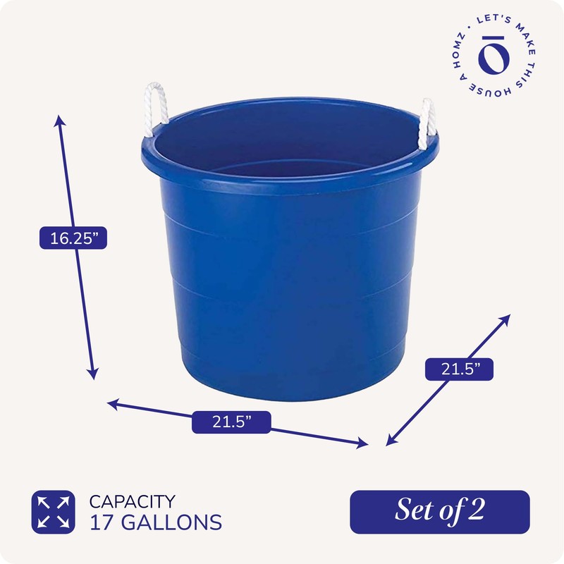 HOMZ 2-Pack Utility Tub, Large Plastic Storage Bucket with Rope