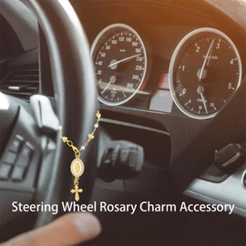 spansee Steering Wheel Rosary Charm Accessory, Steering Wheel Accessory with Virgin Mary Charm and Crucifix, Interior Men Women Car Accessories, Catholic Rosary Hanging Pendant, Pearl Heart Chain
