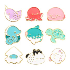 ROFARSO Sea Animal Enamel Lapel Pin Set Cartoon Marine Life Pin, Whale/Sea Turtle/Octopus/Hippocampus/Fish Accessory for Backpacks Clothing Bags Hats Shirts (9pics pin set)