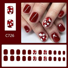 24Pcs Valentines Press on Nails Short Square Fake Nails with Design Red Glossy Acrylic Glue on Nails Red White Heart False Nails Oval Press ons Stick on Nails for Women Girls Valentine Nail Art