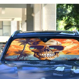 Skull Car Windshield Sun Shade, Beach Palm Trees Skull with Sunglasses Windshield Sunshades Sun Visor Protector Foldable Blocks UV Rays